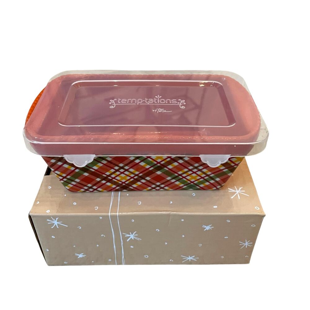 Temptations by Tara Mini Ceramic Loaf Pan w/ Lid 12oz Plaid Fall Bakeware NEW